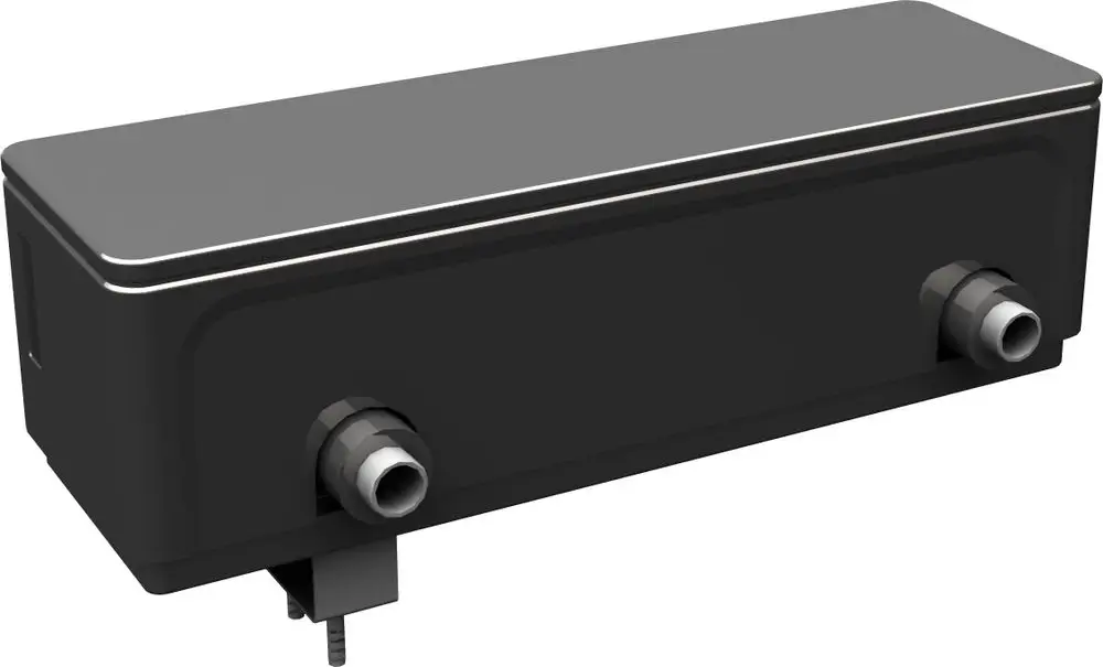 Schwarzes Installationszubehör von Bosch, rechteckiges Gehäuse mit zwei Anschlüssen auf der Vorderseite, zur Nutzung in hydraulischen Systemen.
